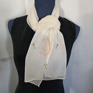 Vintage Sheer Silk Scarf with Embroidered Letter D
